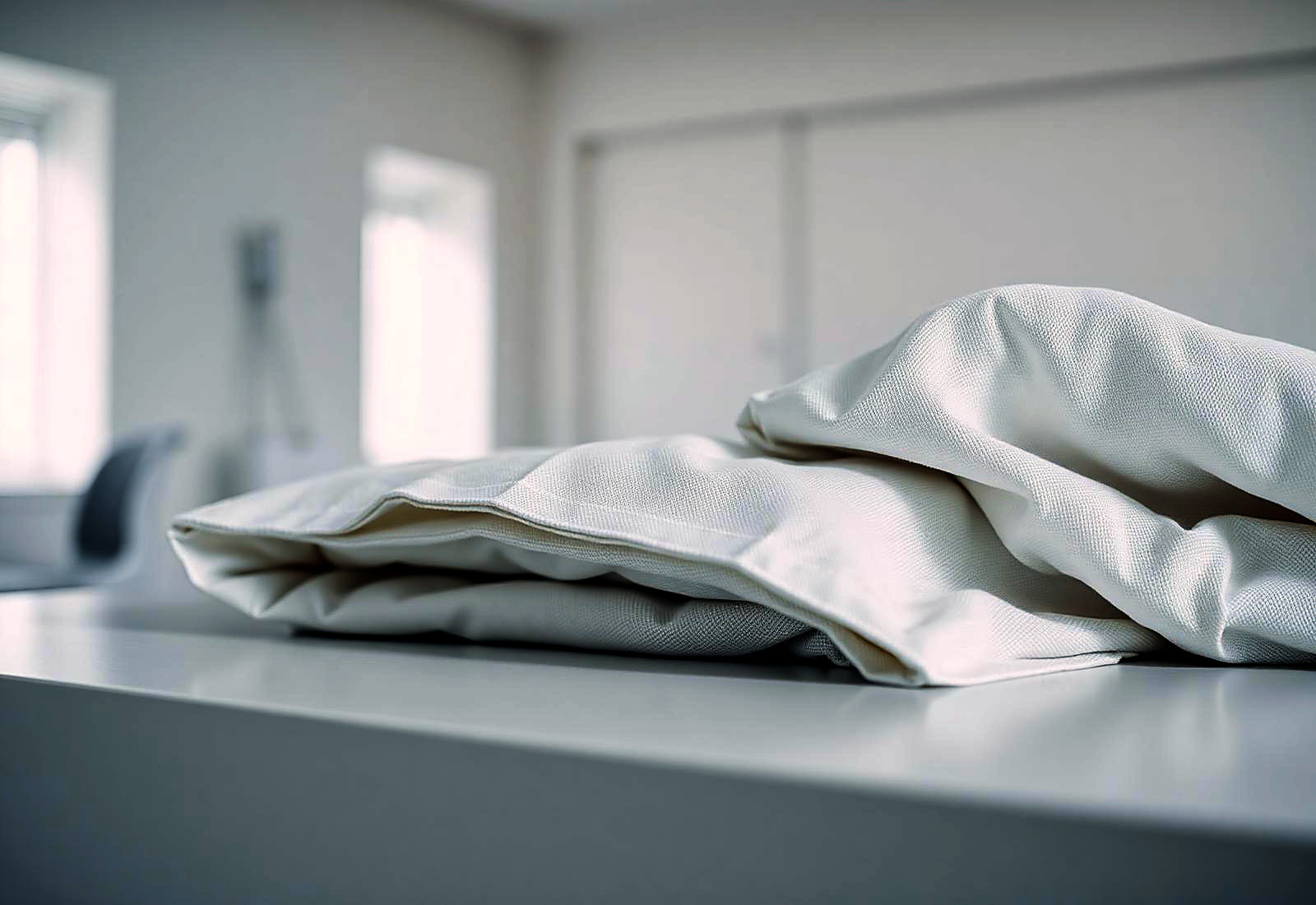 Rent, brettet tekstil på en lys benk i behandlingsrommet, med uskarp bakgrunn