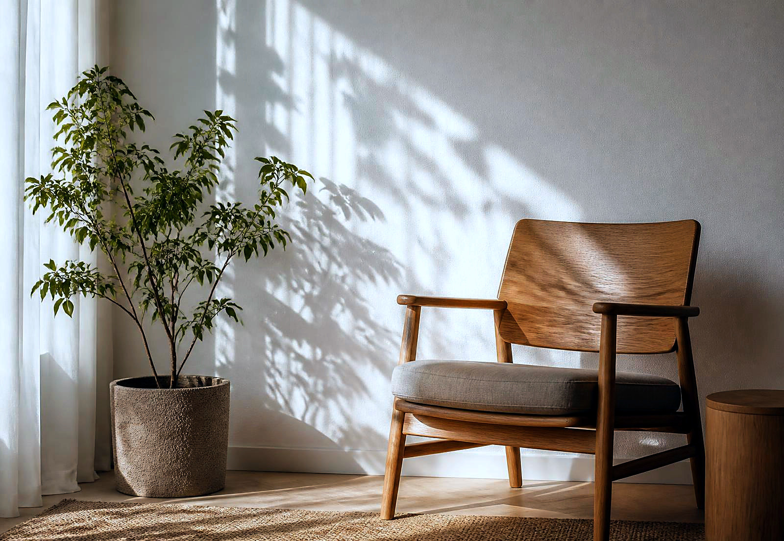Lyst venteområde med stol, plante og mykt dagslys på veggen